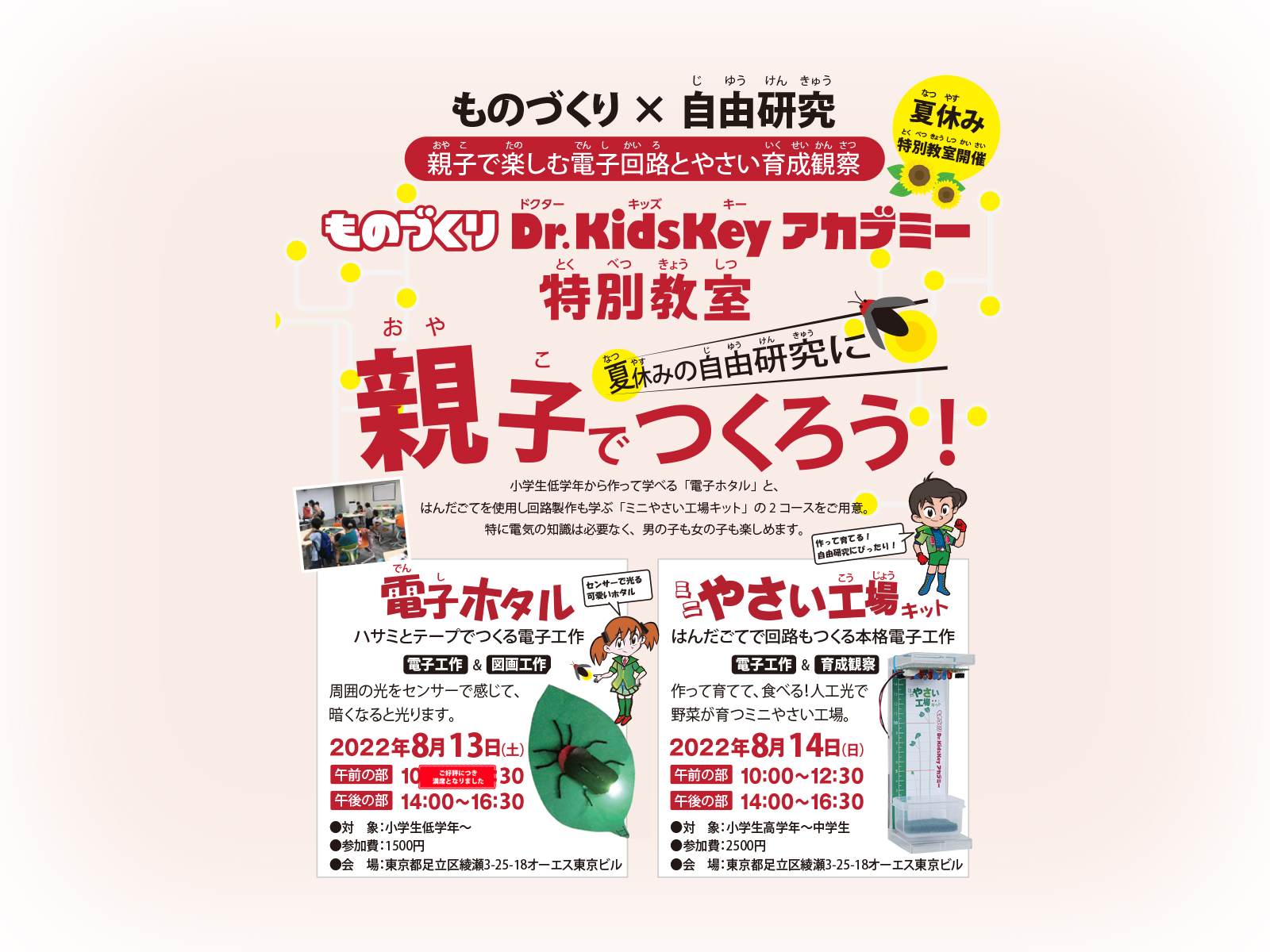 ものづくりDr.KidsKeyアカデミー特別教室　親子でつくろう！電子ホタル、ミニやさい工場キット