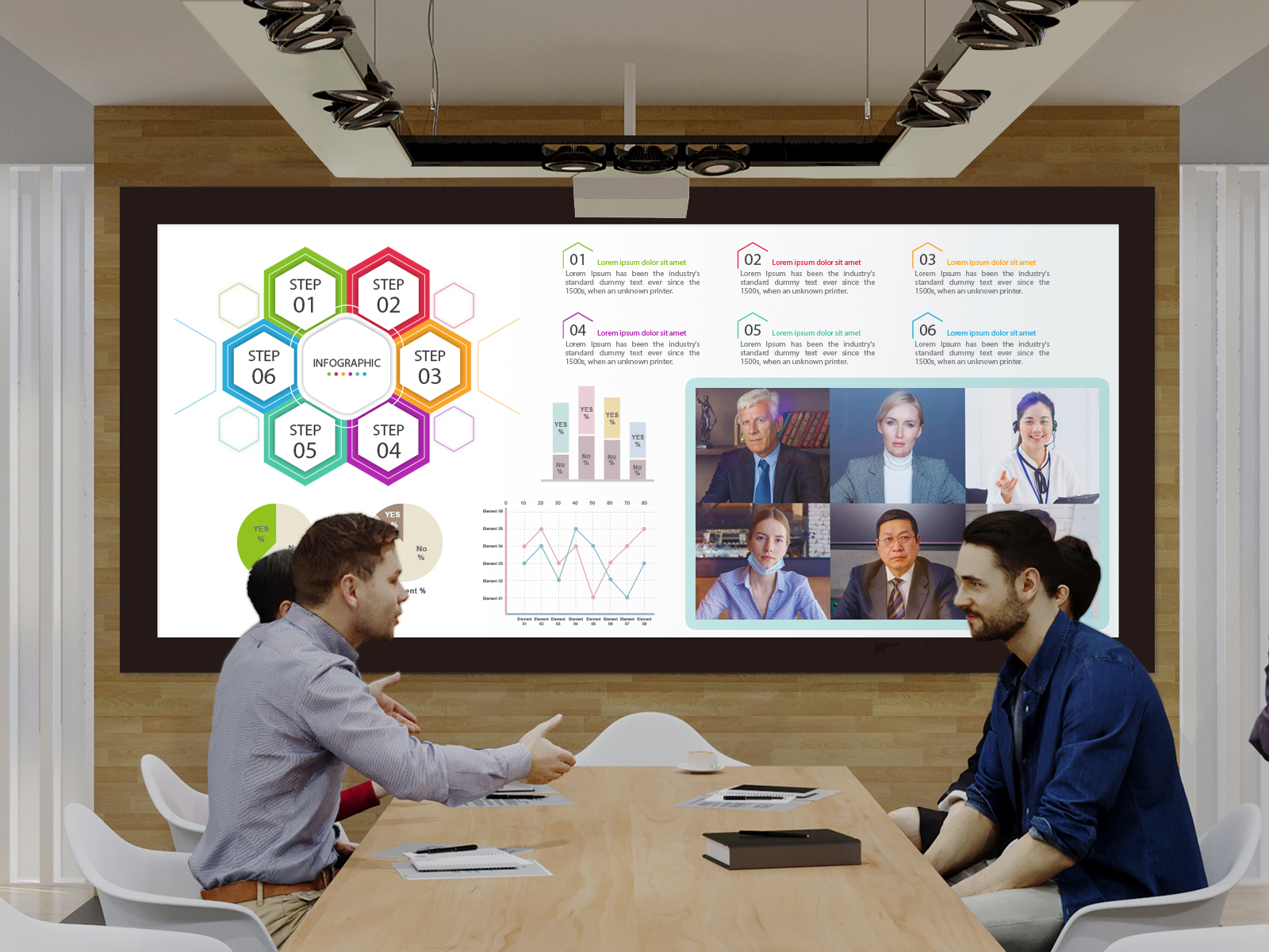 A wide screen with a 21:9 aspect ratio (Width:Height ratio), perfect for online meetings and collaboration. Newly released meeting screen “screen219”